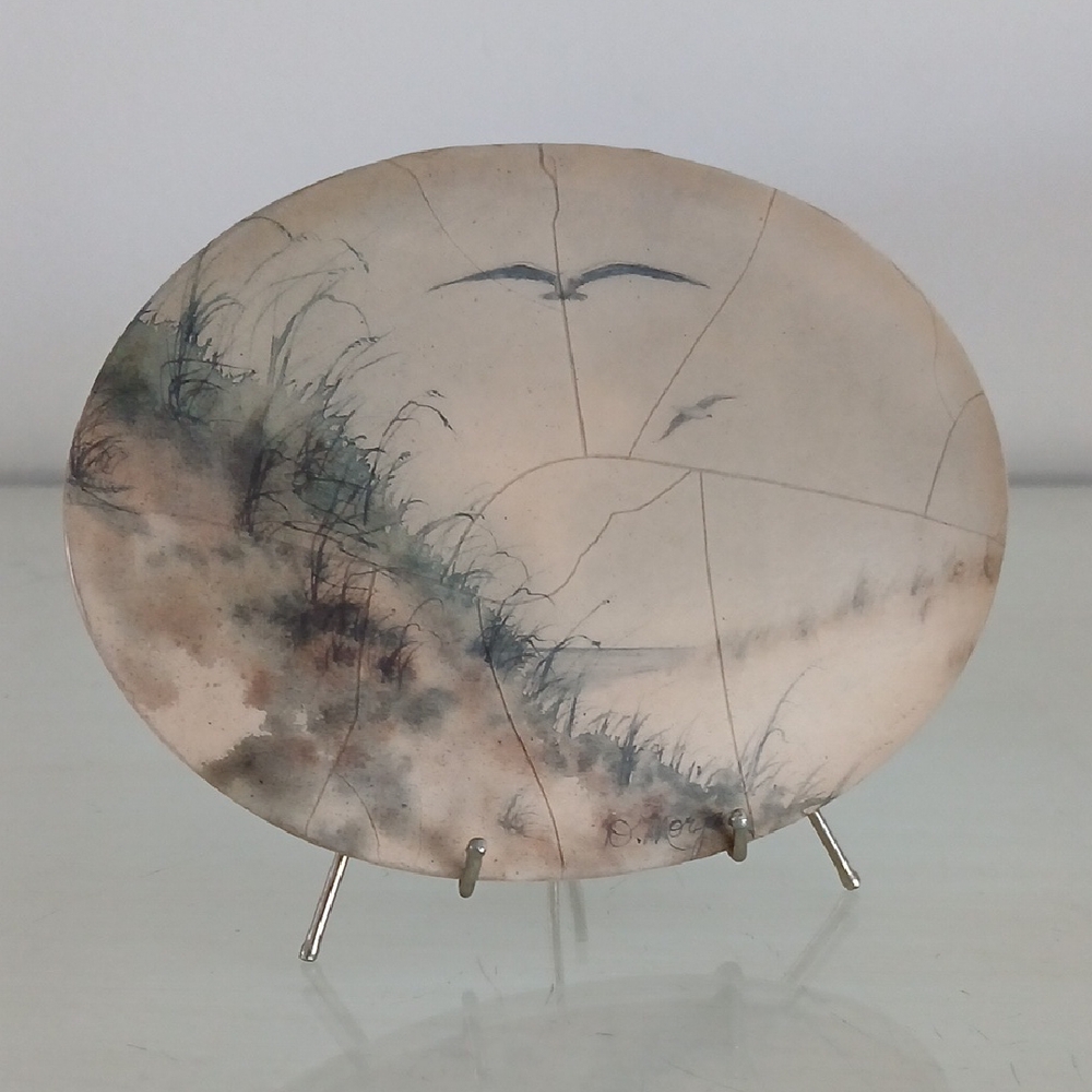 Oval Ceramic Seaside Scene a/s D Morgan w/ Wire Stand 5.75" x 4"
